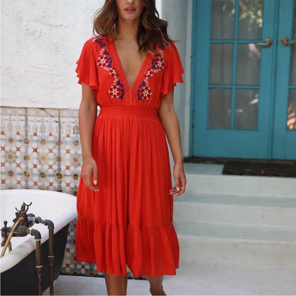 Cleobella Red Maxi Dress with Flutter Sleeves and Plunge Neckline